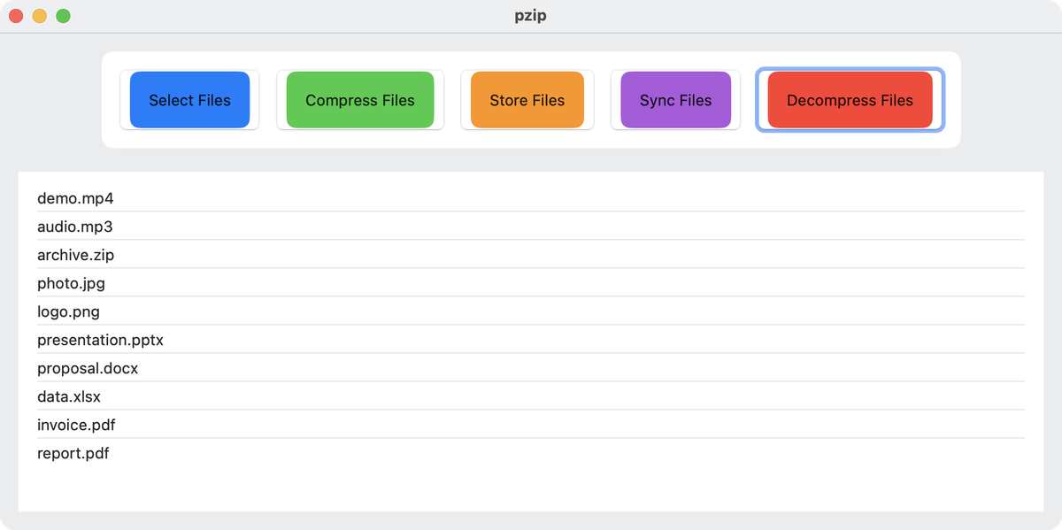P-ZIP main window with buttons to select, compress, store, sync and decompress files