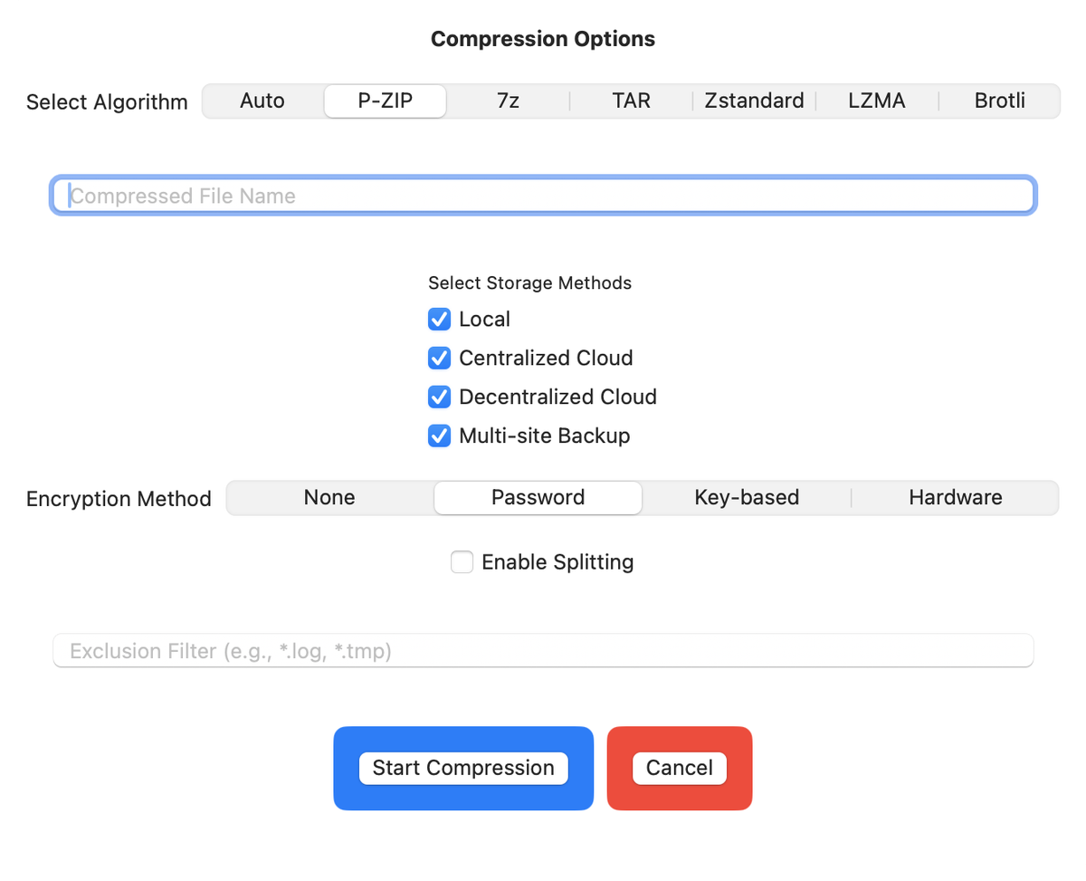 P-ZIP compression options: algorithm, storage methods, encryption method, splitting and exclusion filter